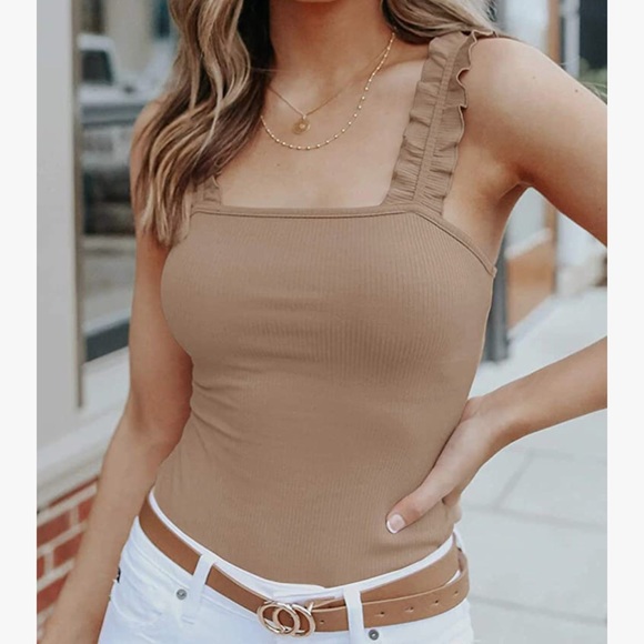 Women's Square Neck Ruffle Strap Stretchy Ribbed Bodysuit with snaps XL NEW - Picture 2 of 14